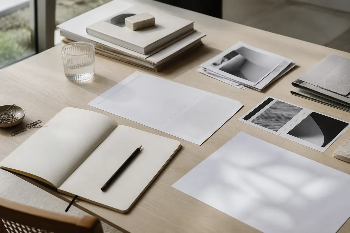 A notebook, paper layouts, and black-and-white prints arranged on a light studio table.