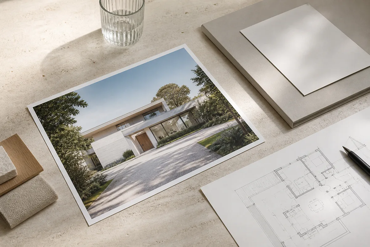 A printed house photograph and floor plan on a pale stone work surface.