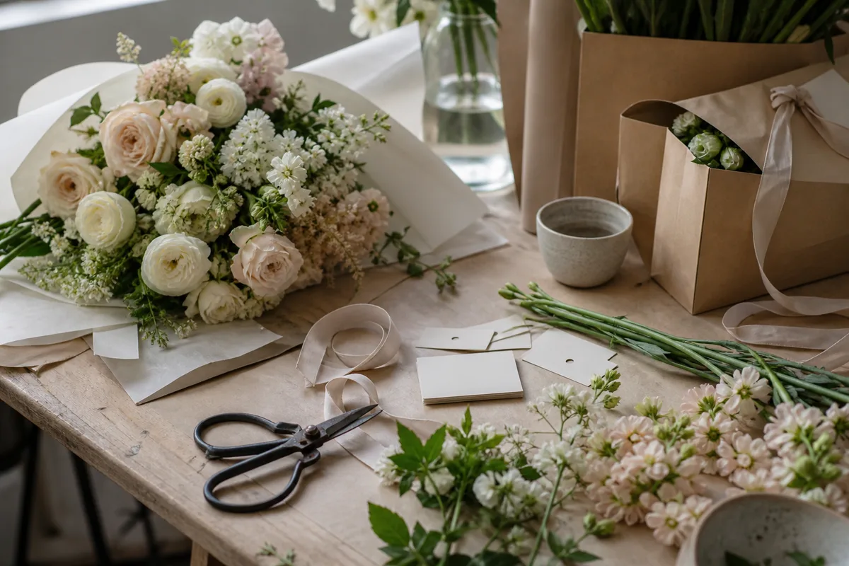 A florist worktable with wrapped flowers, paper tags, ribbon, and shears.